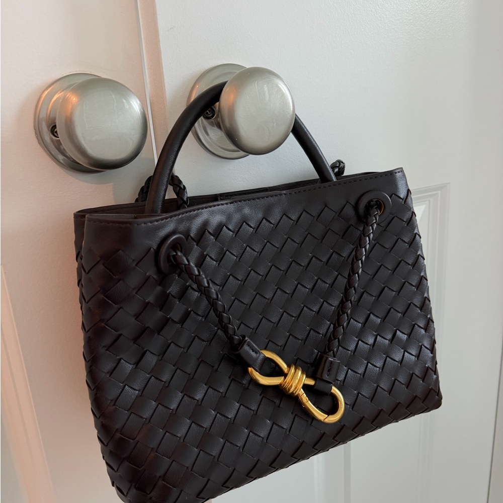 Woven Black Leather Tote with Gold Hardware